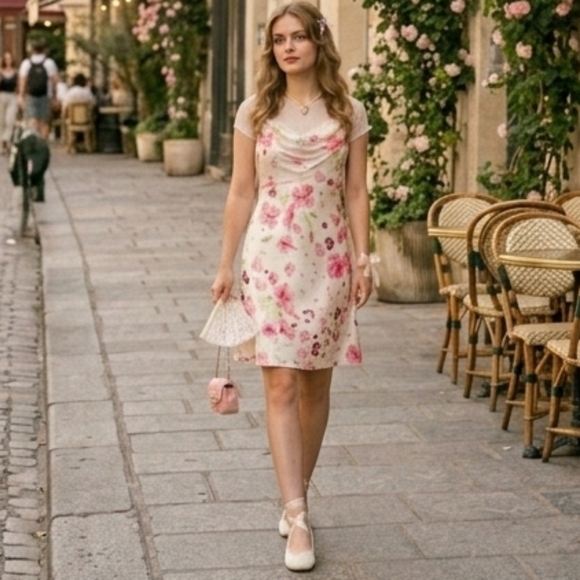 Y2K 90's Vtg Babydoll Silky Floral Slip Dress Cowl Neck Sequin Lace Nightgown XL - Picture 3 of 17